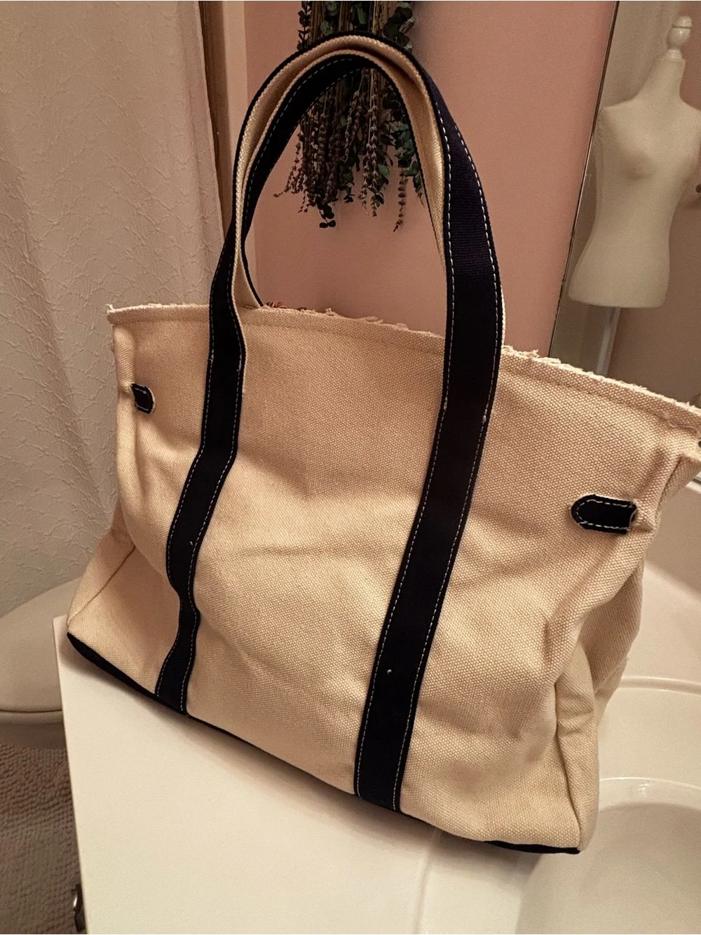 Canvas Tote with Navy Trim and Gold Hardware NWOT